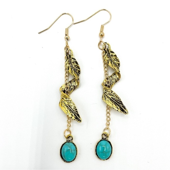 Boho Chic Festival Gold tone & Faux Turquoise dangle earrings - Picture 3 of 6